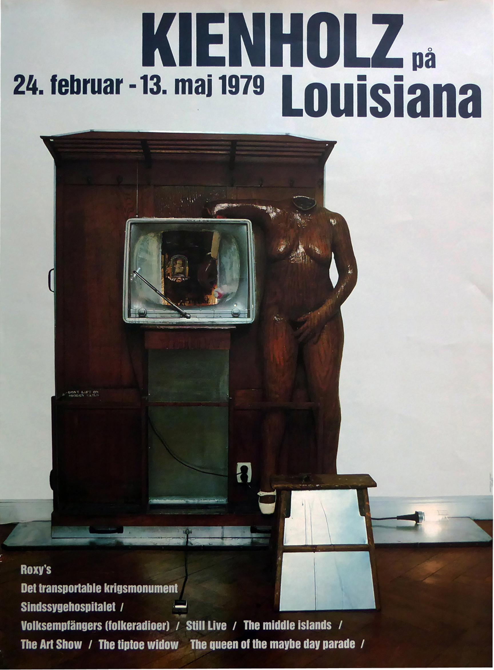 Original 1979 promotional poster for Edward Kienholz's seminal works at the Louisiana MOMA, USA. 

First edition color offset lithograph.

Measures: L 86cm x W 62cm.