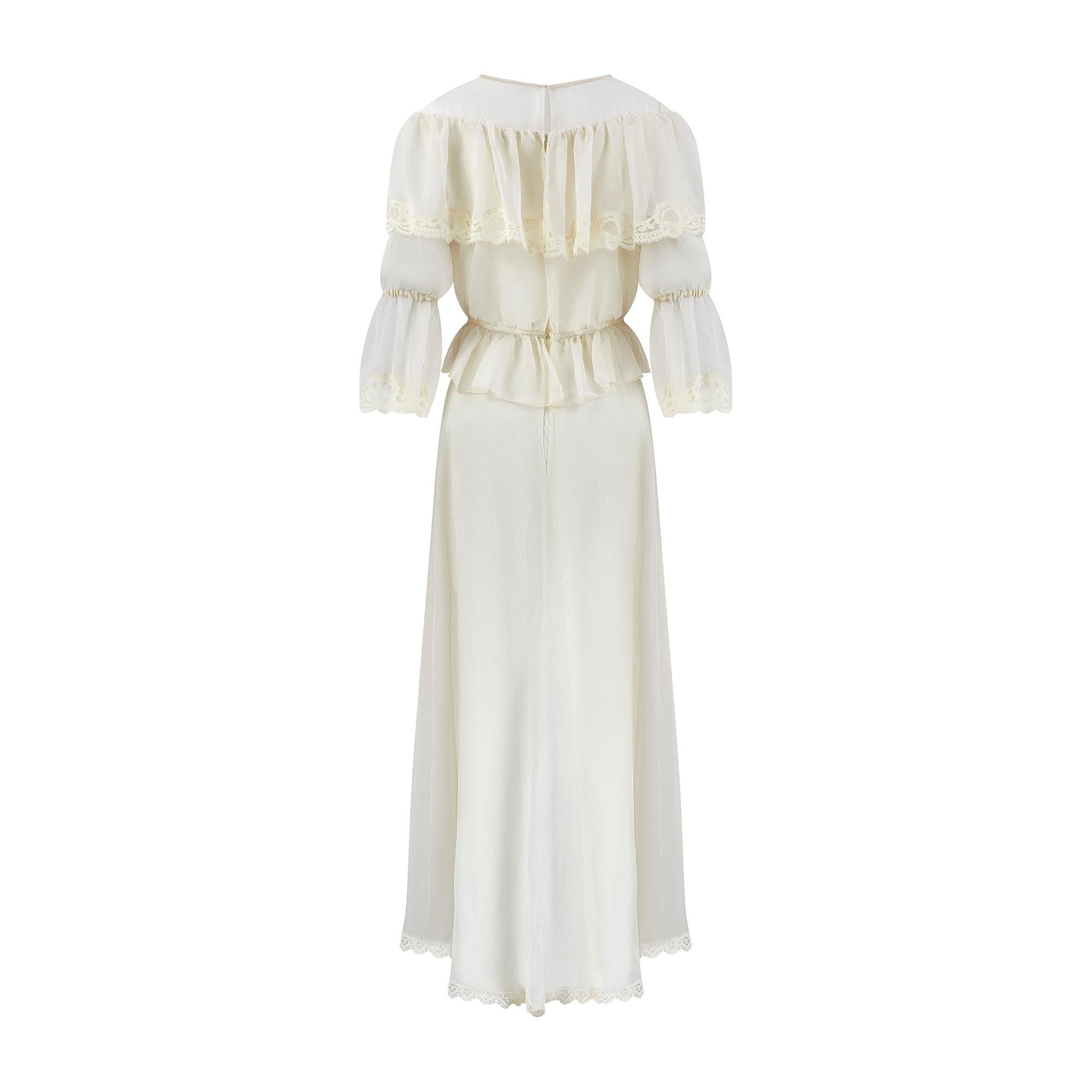 Beige 1970s Edwardian Style Cream Chiffon Maxi Dress For Sale