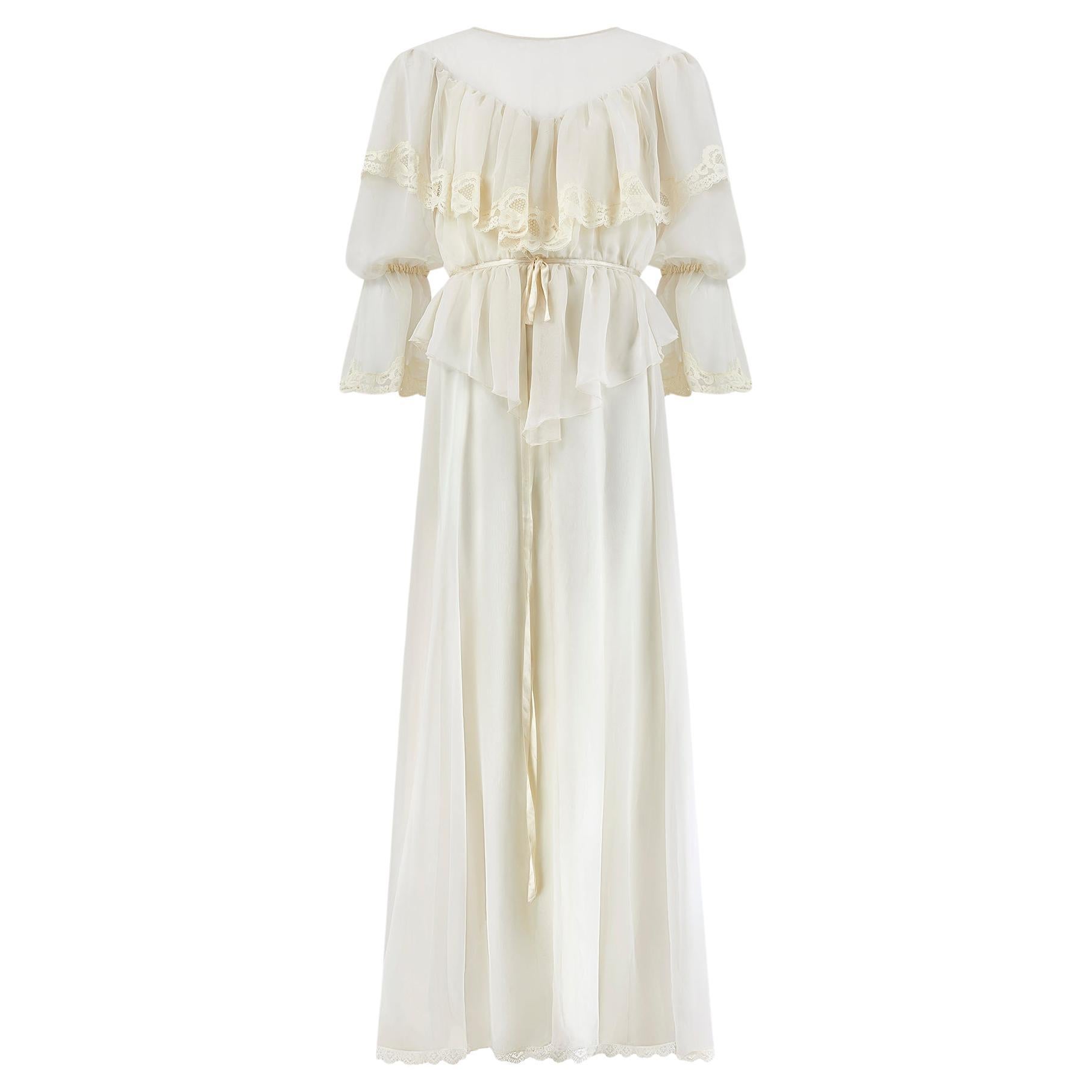 1970s Edwardian Style Cream Chiffon Maxi Dress For Sale