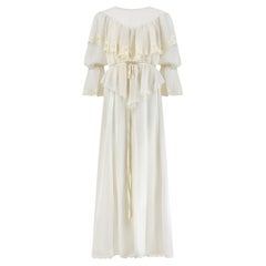 1970s Edwardian Style Cream Chiffon Maxi Dress