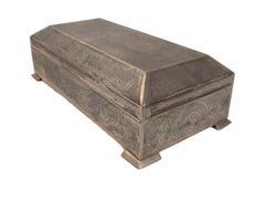 1970s Egyptian Carved Silver Box in Arabic Style with Wooden Interior