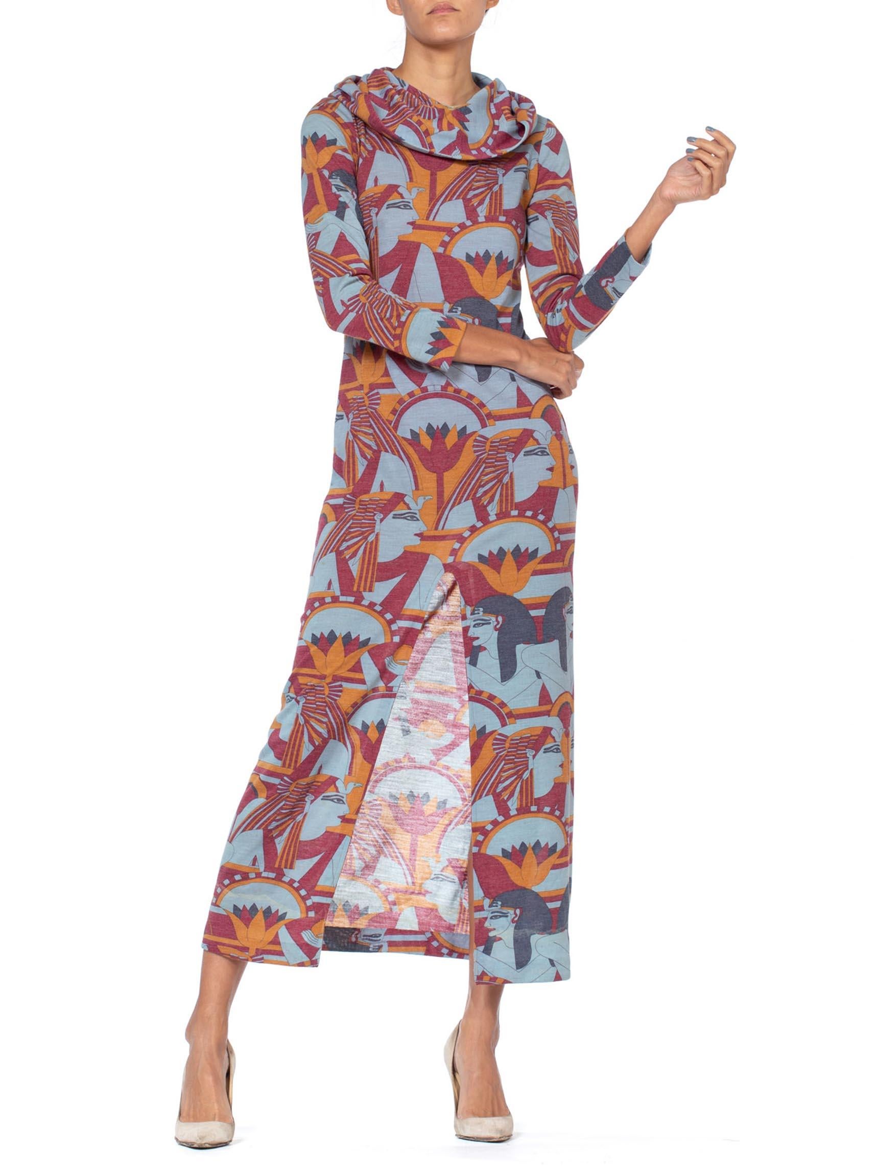 Brown 1970S Wool Blend Jersey Egyptian Pharaoh Deco Print Hooded Maxi Dress