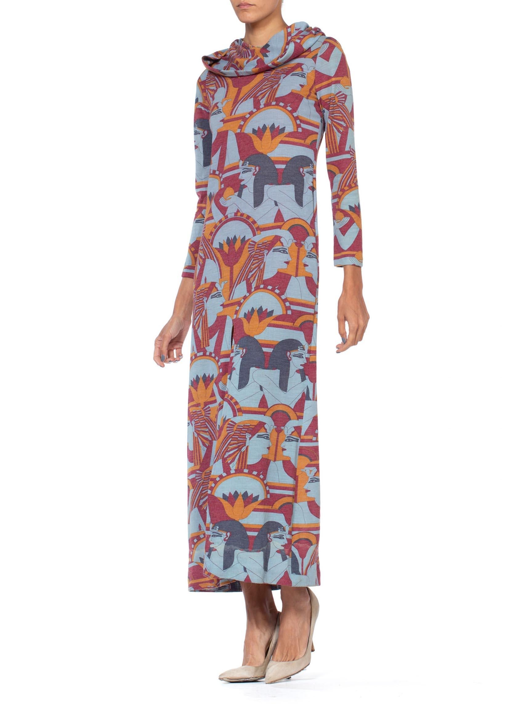 Women's 1970S Wool Blend Jersey Egyptian Pharaoh Deco Print Hooded Maxi Dress