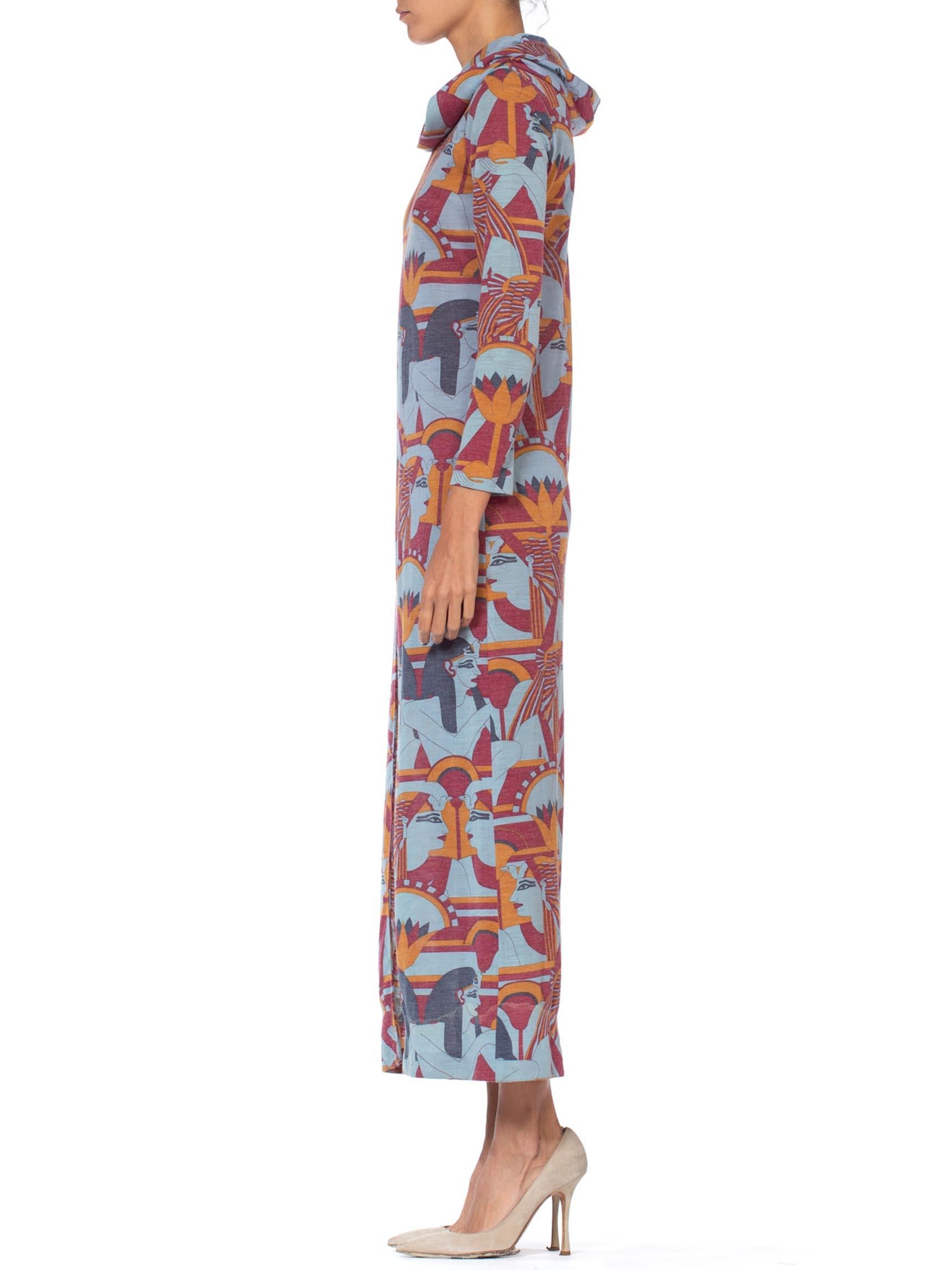1970S Wool Blend Jersey Egyptian Pharaoh Deco Print Hooded Maxi Dress 1