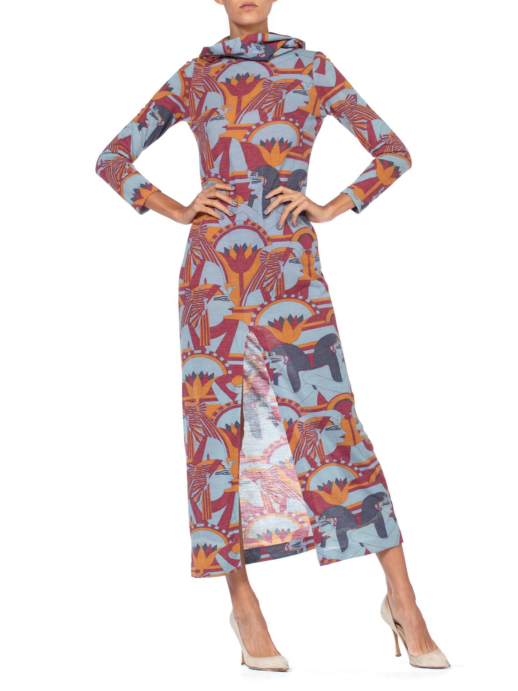 1970S Wool Blend Jersey Egyptian Pharaoh Deco Print Hooded Maxi Dress 2