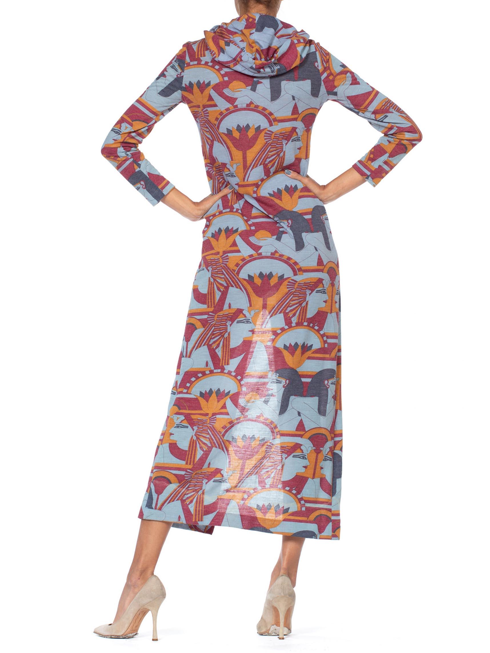 1970S Wool Blend Jersey Egyptian Pharaoh Deco Print Hooded Maxi Dress 3