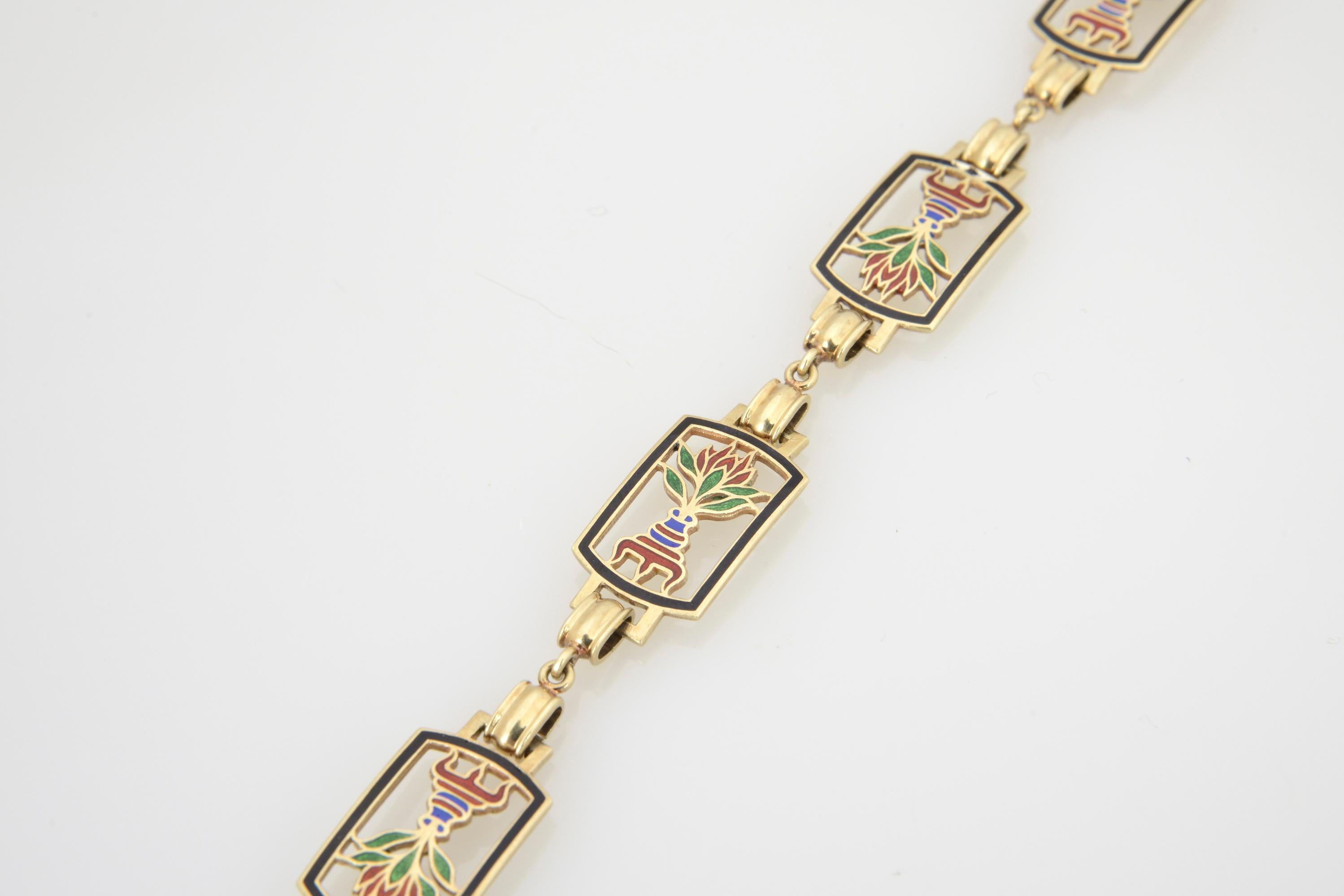 Néo-égyptien  Bracelet d'or en émail Lotus Revive égyptien en vente