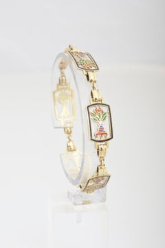 Egyptian Revival Lotus Enamel Gold Bracelet
