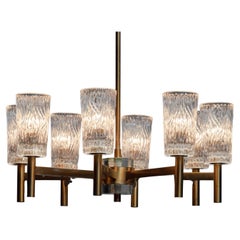 1970s Eight-Arm Brass Chandelier with Clear Art Glass Vases by Markaryd, Sweden