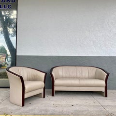 Ensemble canapé, banquette et chaise baril en bois de cuir incurvé Ekornes des années 1970
