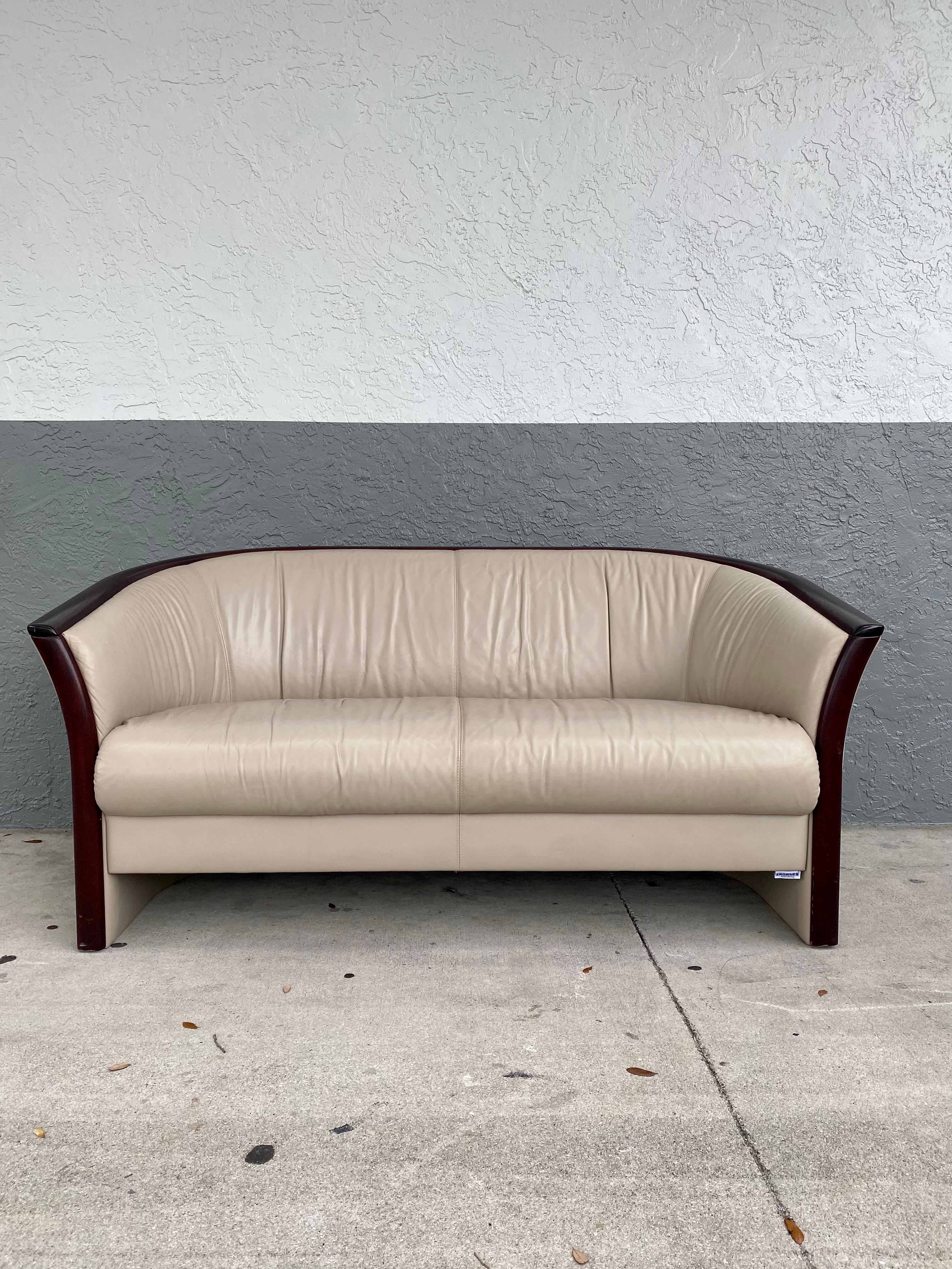 Mid-Century Modern 1970s Ekornes Curved Leather Wood Sofa Settee and Barrel Chair Set For Sale