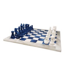 1970s Elegant Blue and White Chess Set in Volterra Alabaster Handmade.