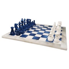 1970s Elegant Blue and White Chess Set in Volterra Alabaster Handmade.