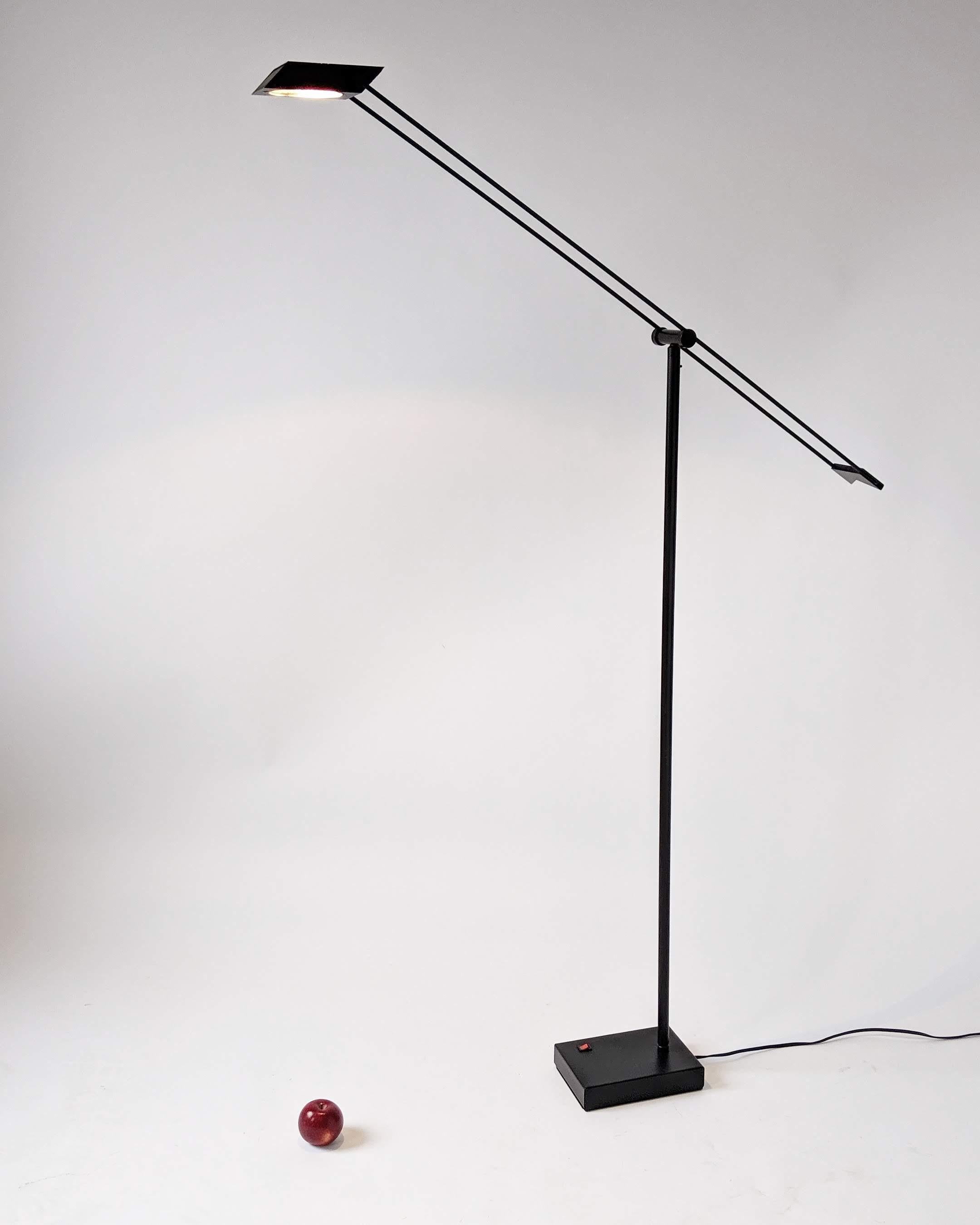 Minimalist modern halogen agile reading floor lamp.

Rotate on pole 180 degree left to right.

Measure: 68 in. straight up. Arm is 42 in. long. Main stem is 46 in. high.

Well made with prime quality material.

Toroidal transformer in