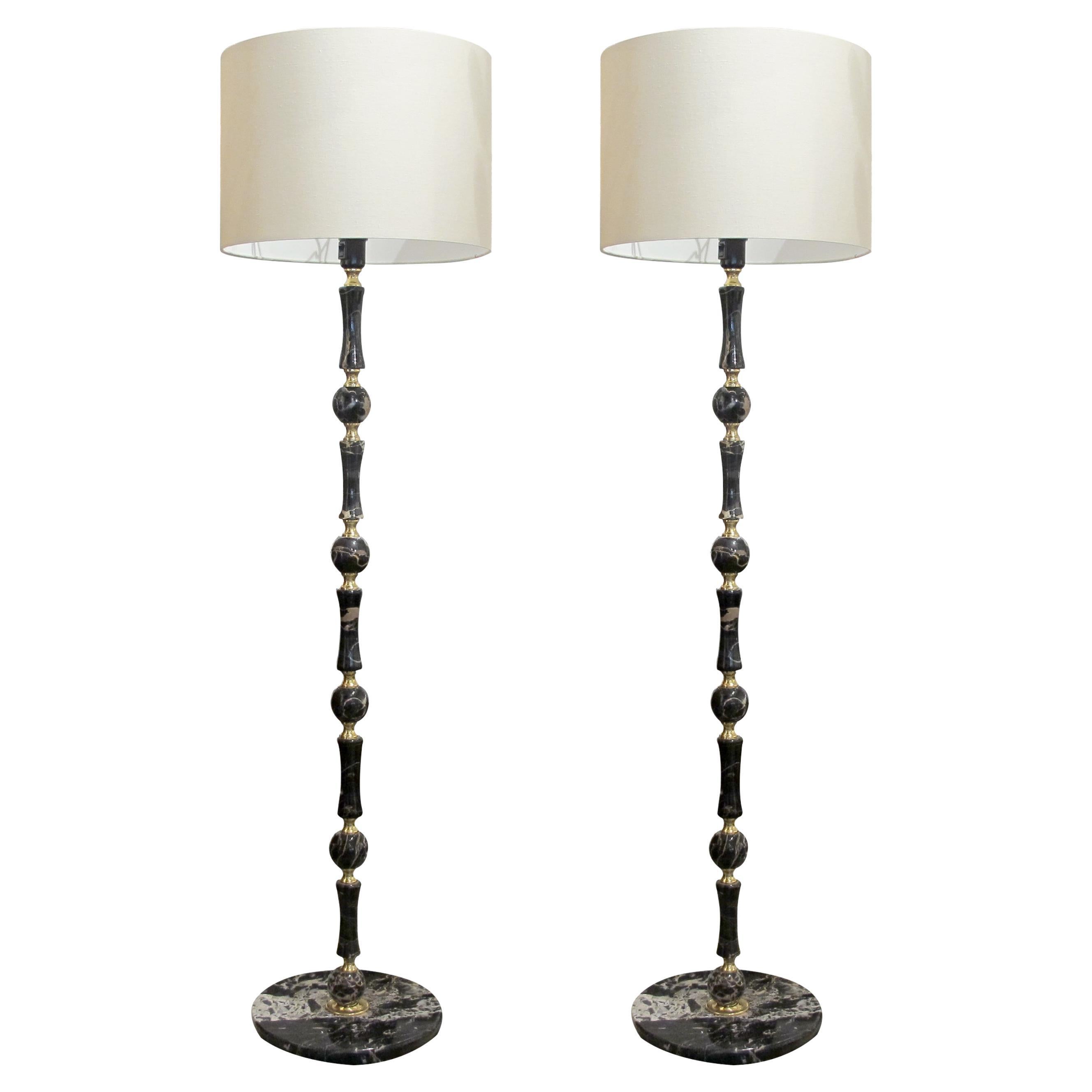 1970s Elegant Pair of Black Marble and Brass Floor Lamps, Swedish