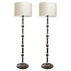 1970s Elegant Pair of Black Marble and Brass Floor Lamps, Swedish