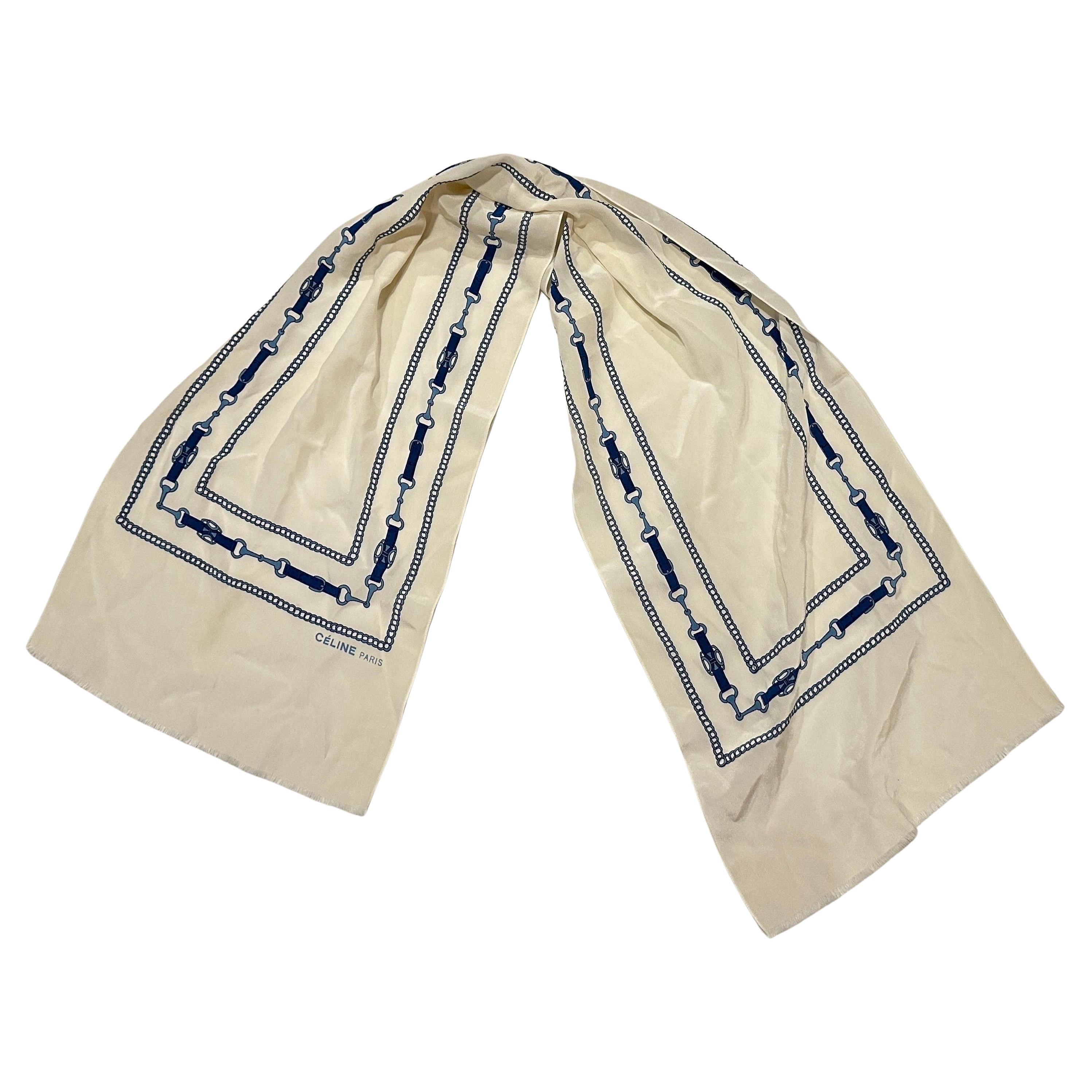 Pañuelo de seda blanco y azul elegante de los años 70 de Celine Paris