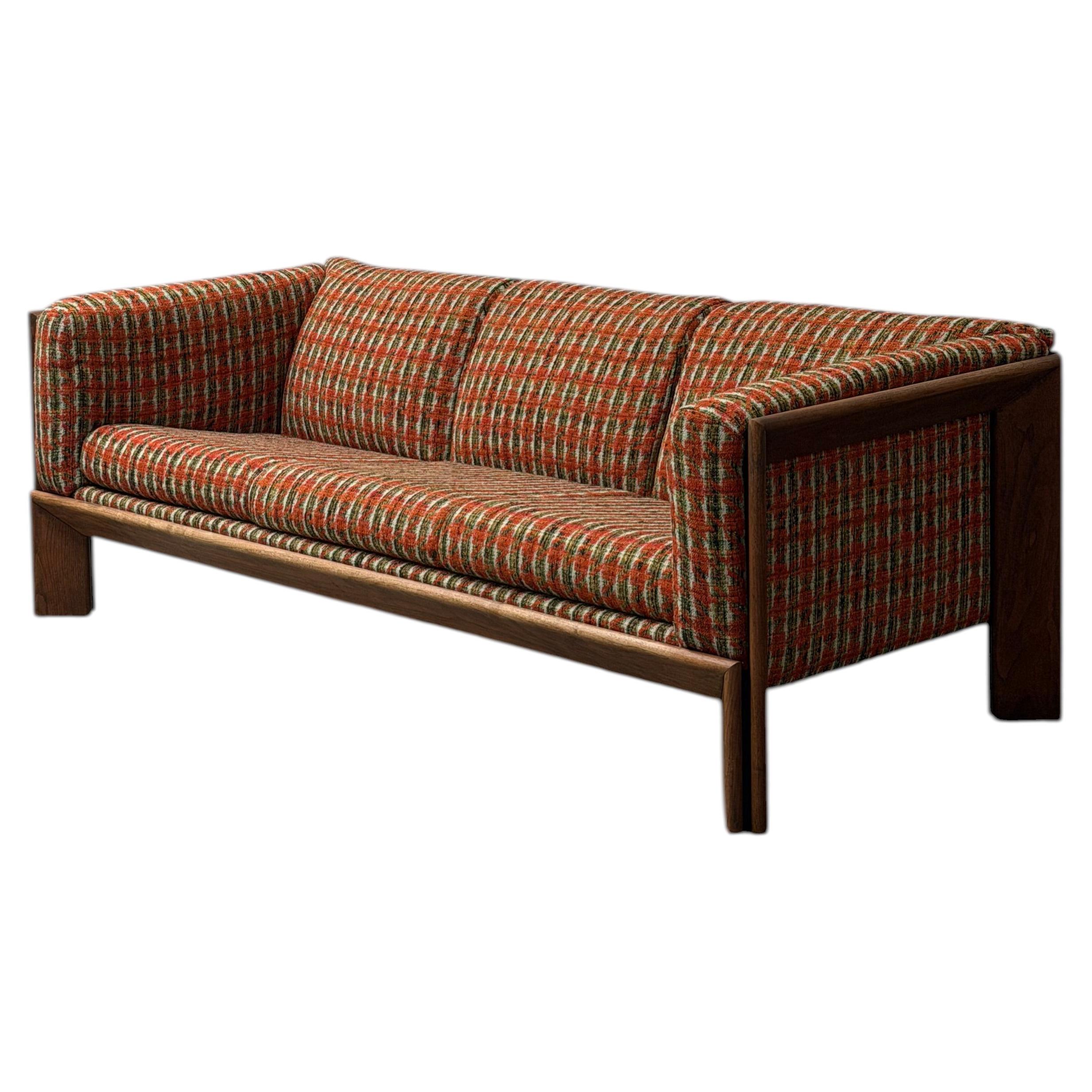 1970s Elegant Wood Frame Sofa – Newly Reupholstered, Mid-Century Design For Sale