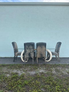 1970s Faux Elephant Skin Chairs and Brass Resin Tusk Dining Table, Set of 7