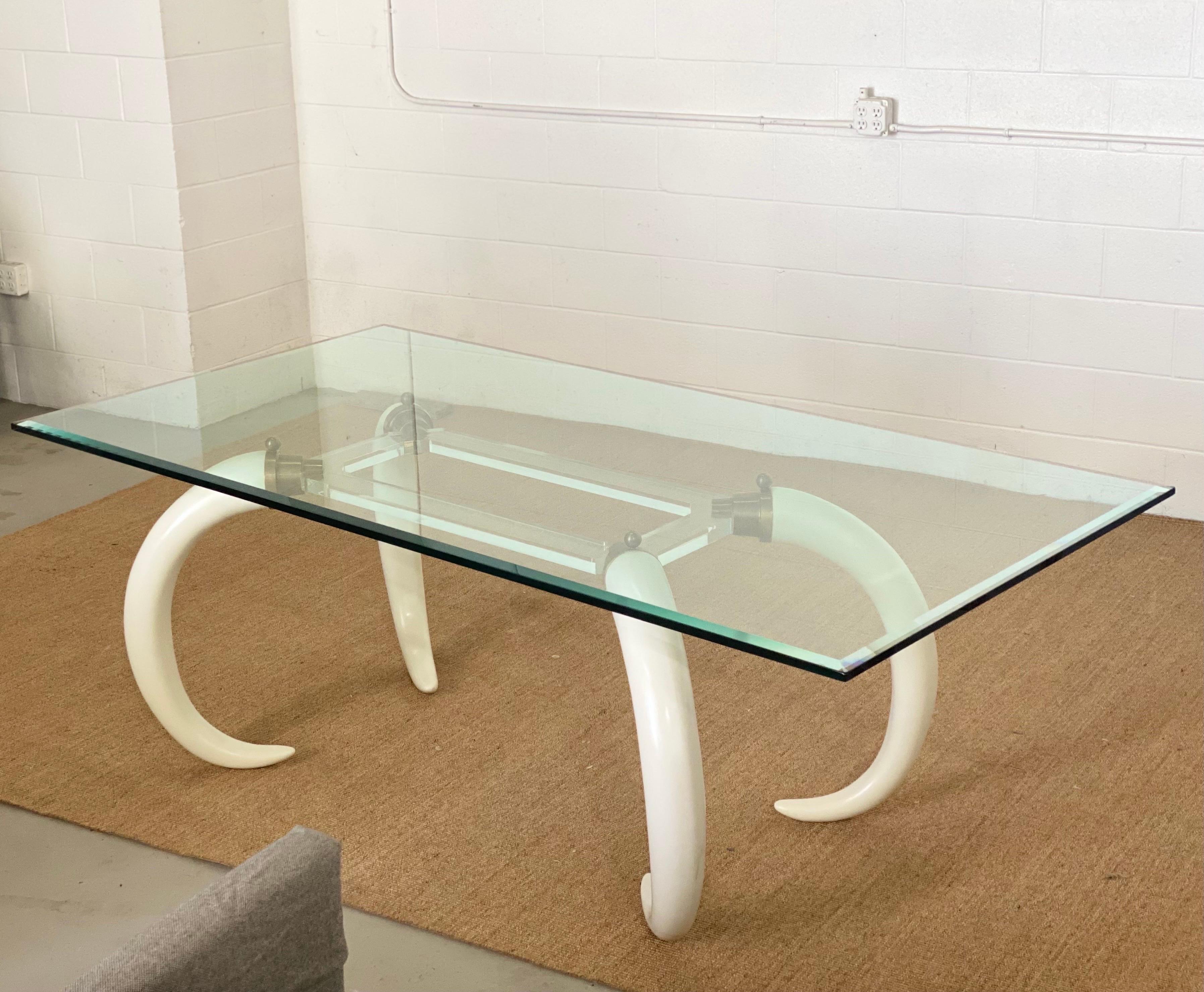 1970s Elephant Faux Tusks Brass Lucite and Glass Rectangular Dining Table In Good Condition In Farmington Hills, MI