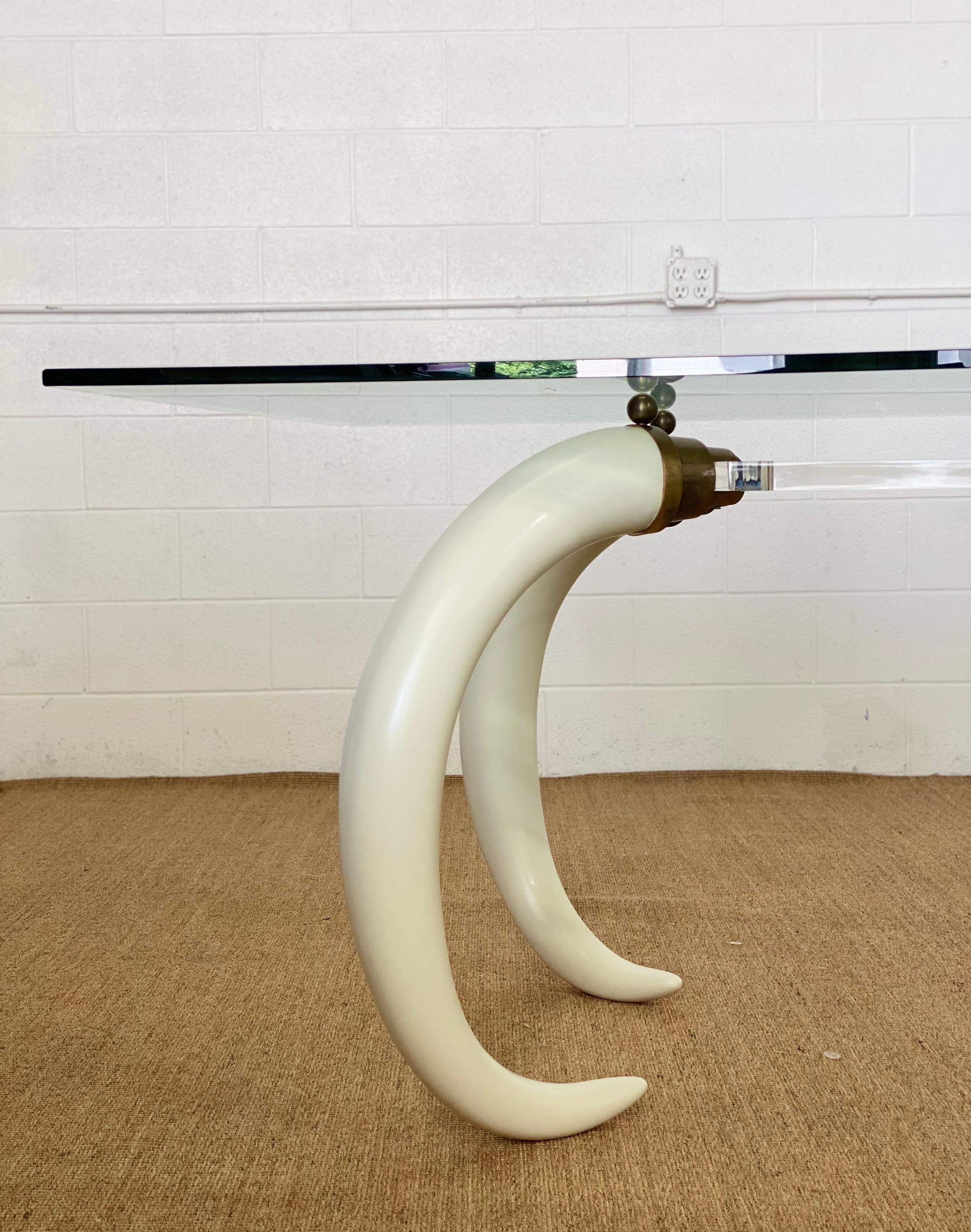 Fin du 20e siècle 1970 Elephant Faux Tusks Brass Lucite and Glass Rectangular Dining Table