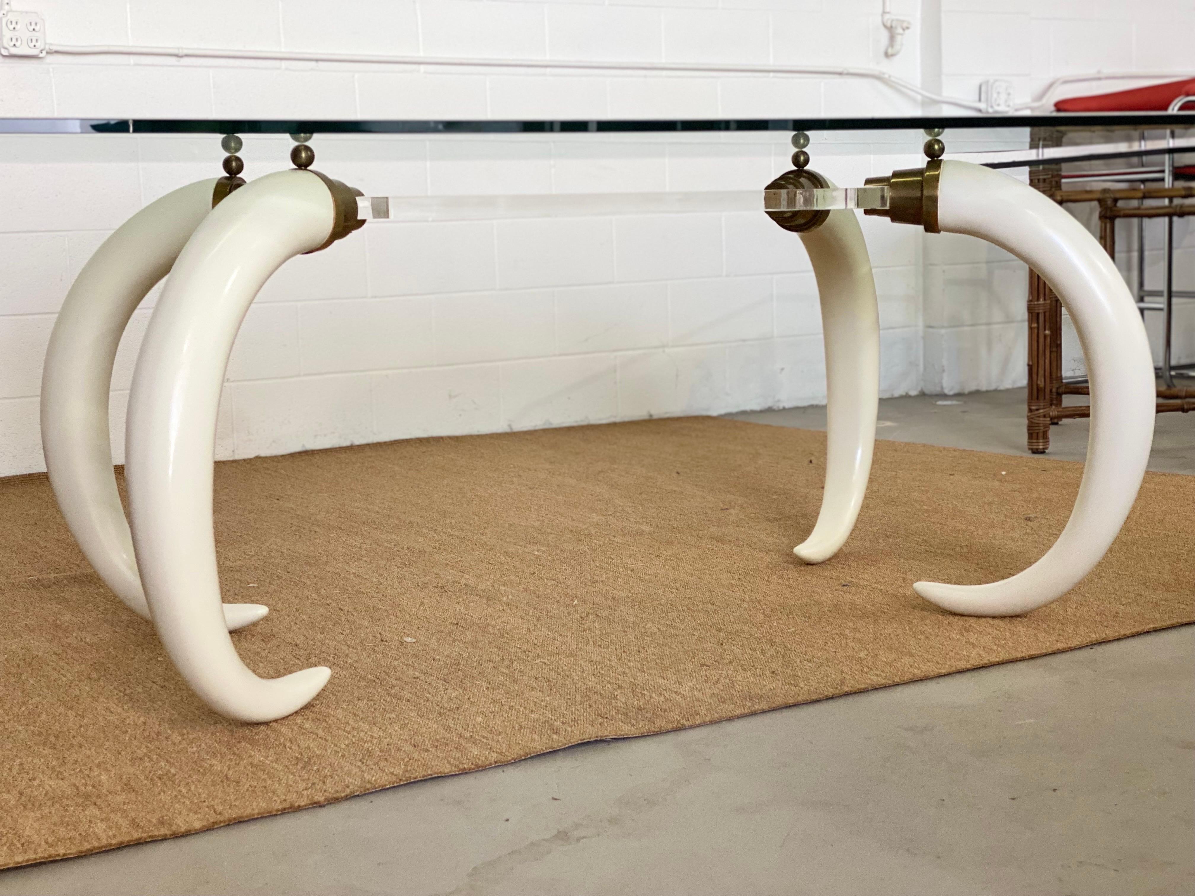 Laiton 1970 Elephant Faux Tusks Brass Lucite and Glass Rectangular Dining Table