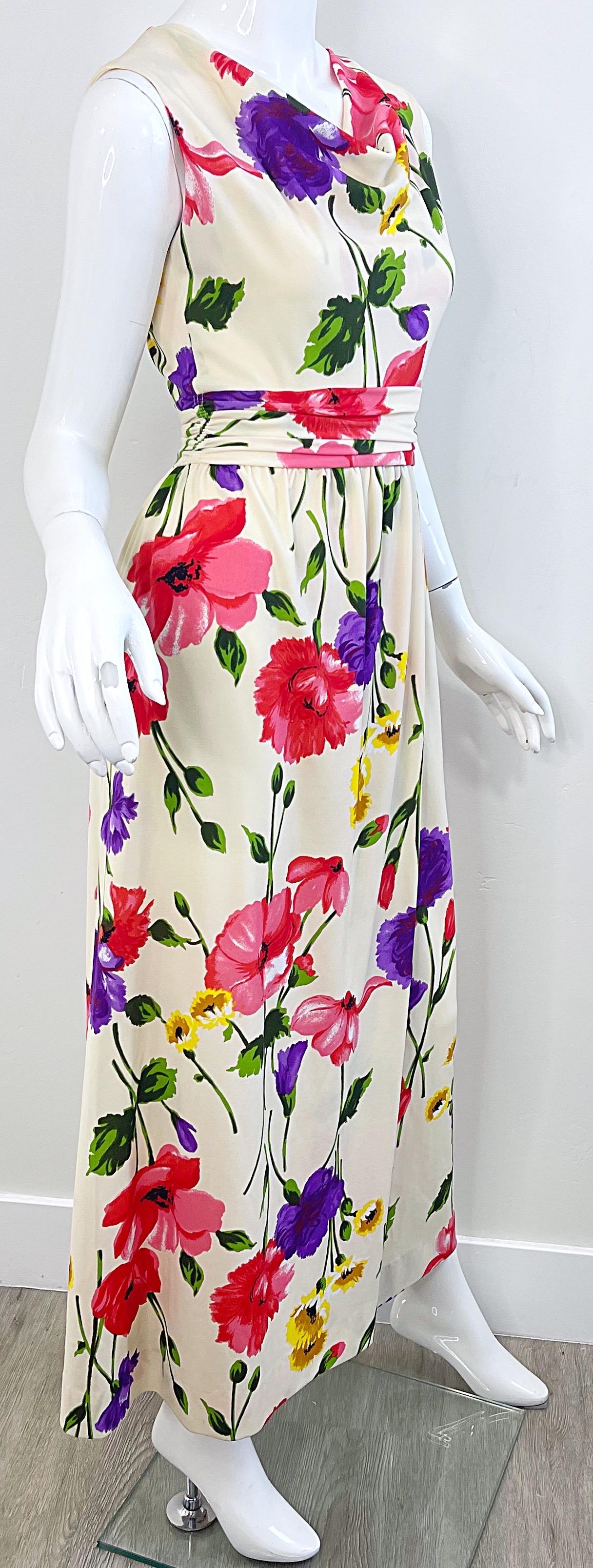 1970s Elinor Gay Flower Printed Cowl Neck Jersey Vintage 70s Maxi Dress Gown For Sale 5