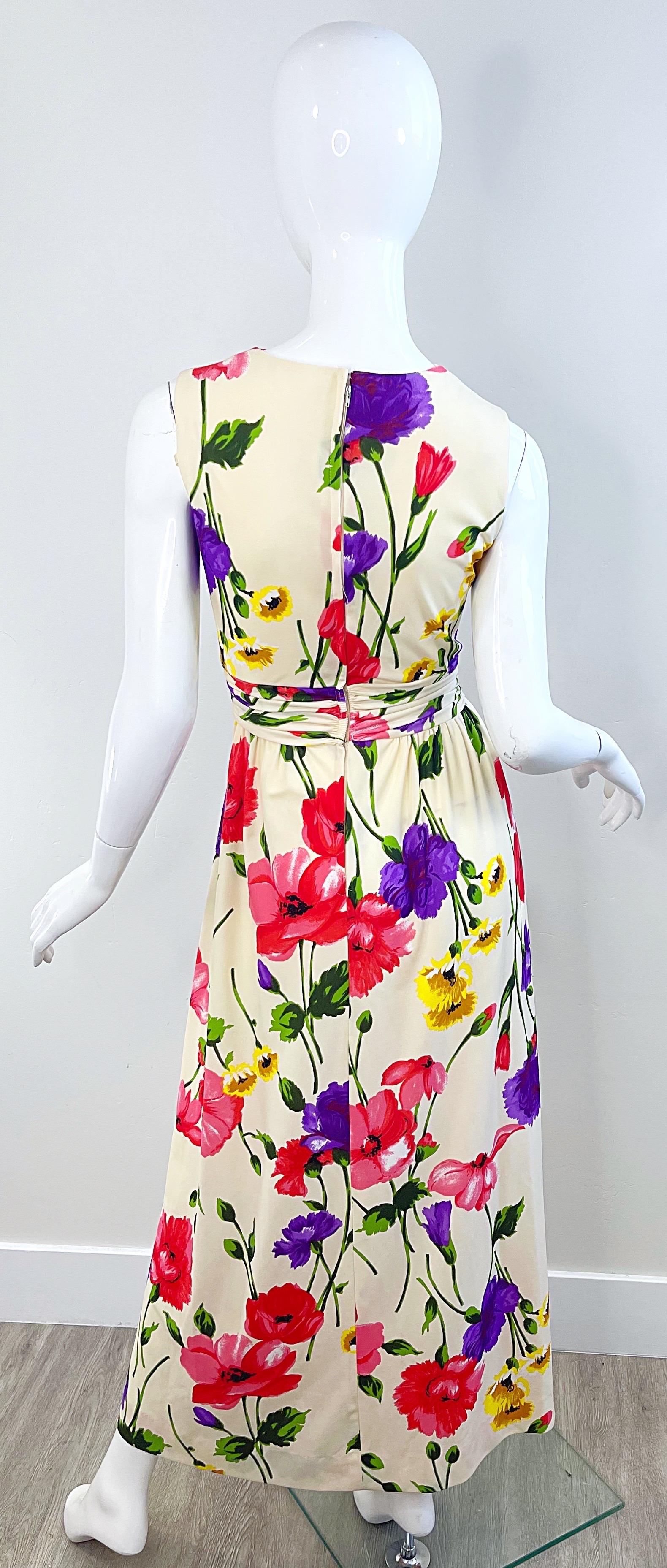 1970s Elinor Gay Flower Printed Cowl Neck Jersey Vintage 70s Maxi Dress Gown For Sale 6