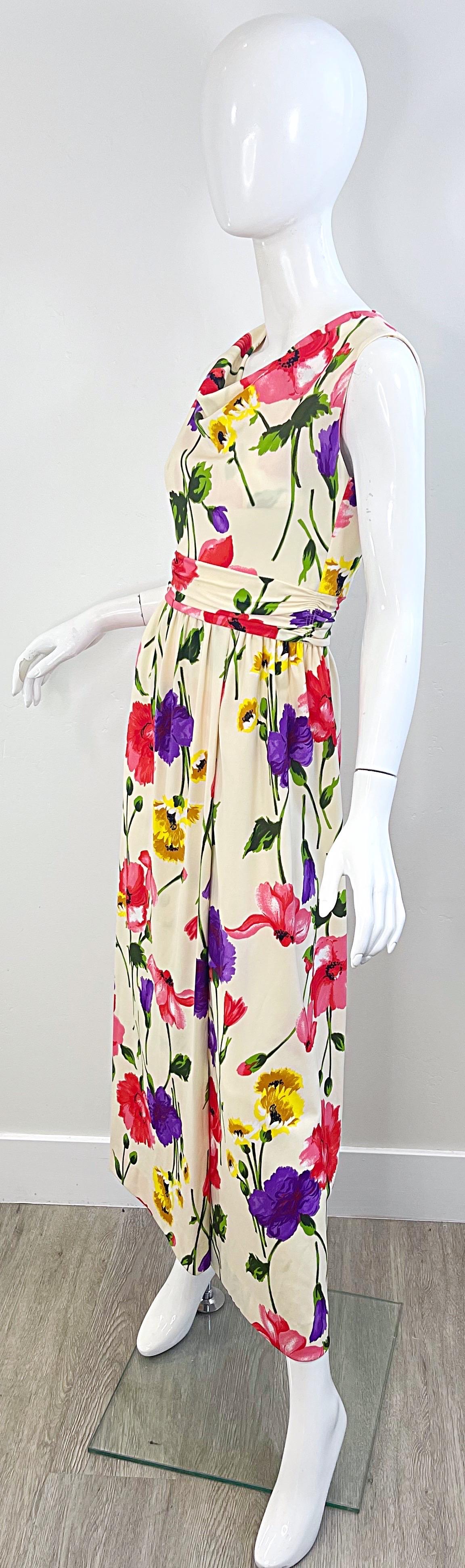 1970s Elinor Gay Flower Printed Cowl Neck Jersey Vintage 70s Maxi Dress Gown For Sale 7