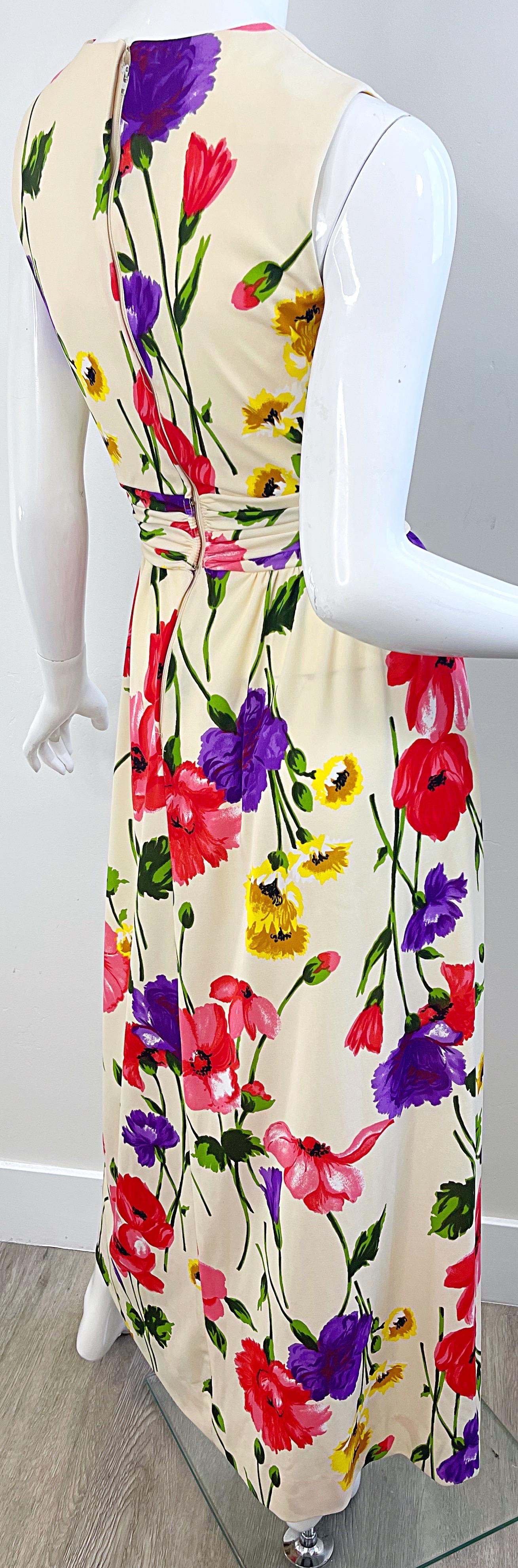 1970s Elinor Gay Flower Printed Cowl Neck Jersey Vintage 70s Maxi Dress Gown For Sale 8