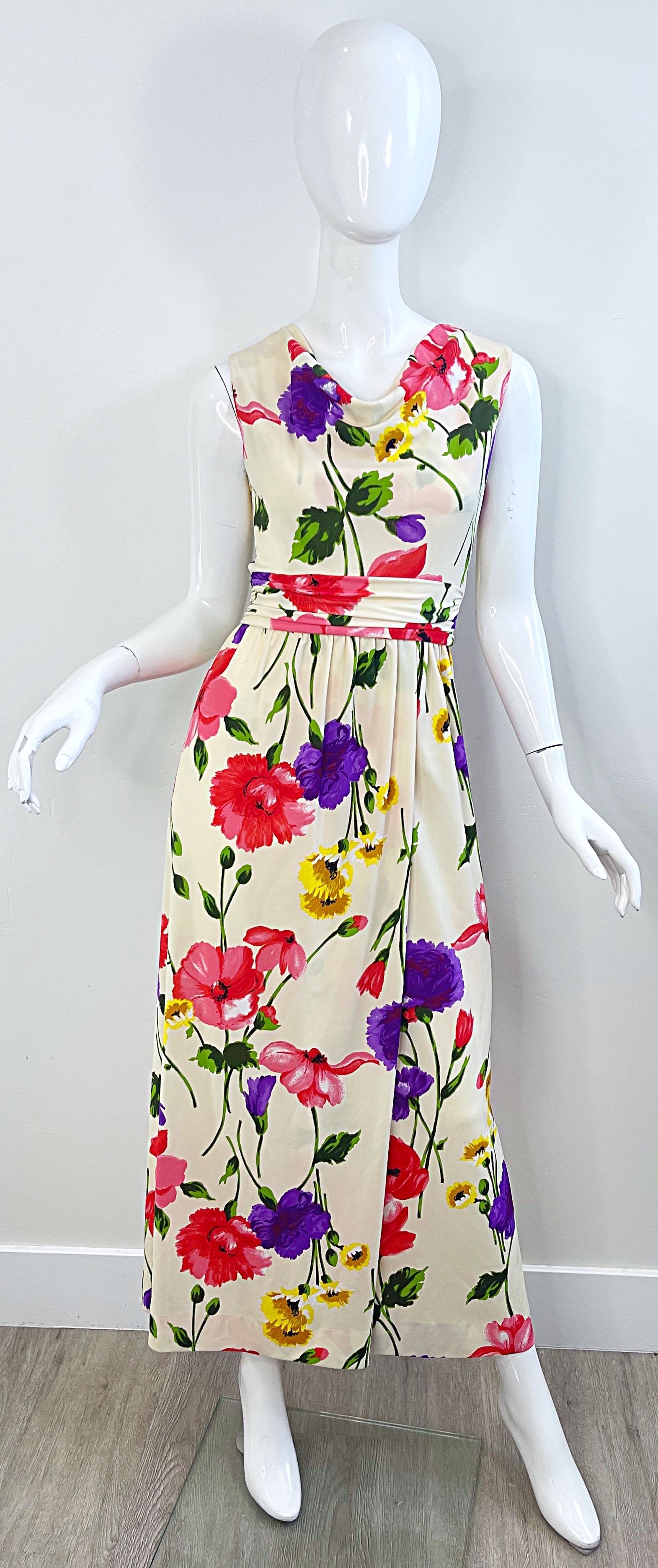 Beige 1970s Elinor Gay Flower Printed Cowl Neck Jersey Vintage 70s Maxi Dress Gown For Sale