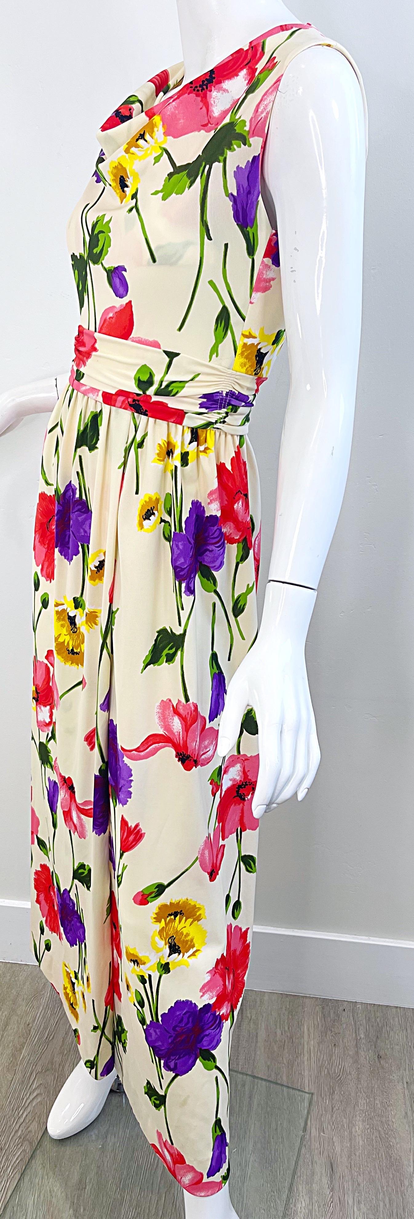 Women's 1970s Elinor Gay Flower Printed Cowl Neck Jersey Vintage 70s Maxi Dress Gown For Sale