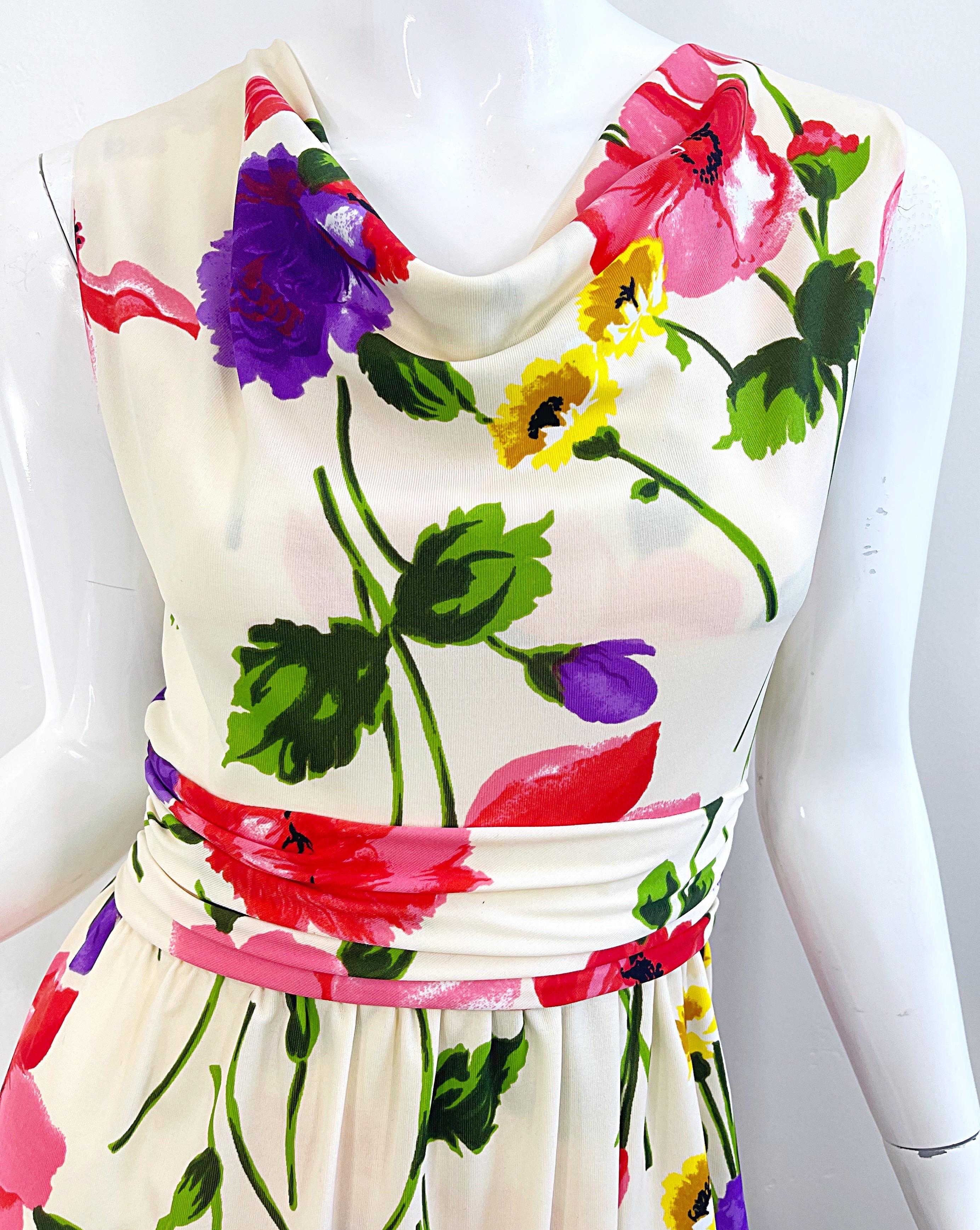 1970s Elinor Gay Flower Printed Cowl Neck Jersey Vintage 70s Maxi Dress Gown For Sale 1