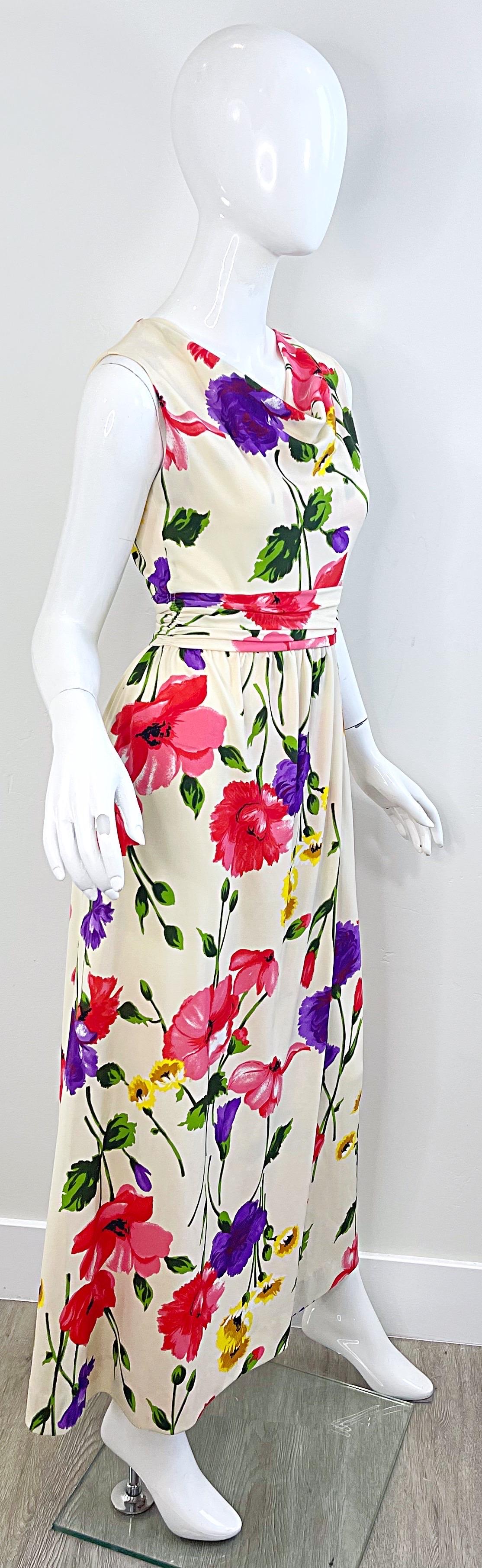 1970s Elinor Gay Flower Printed Cowl Neck Jersey Vintage 70s Maxi Dress Gown For Sale 2
