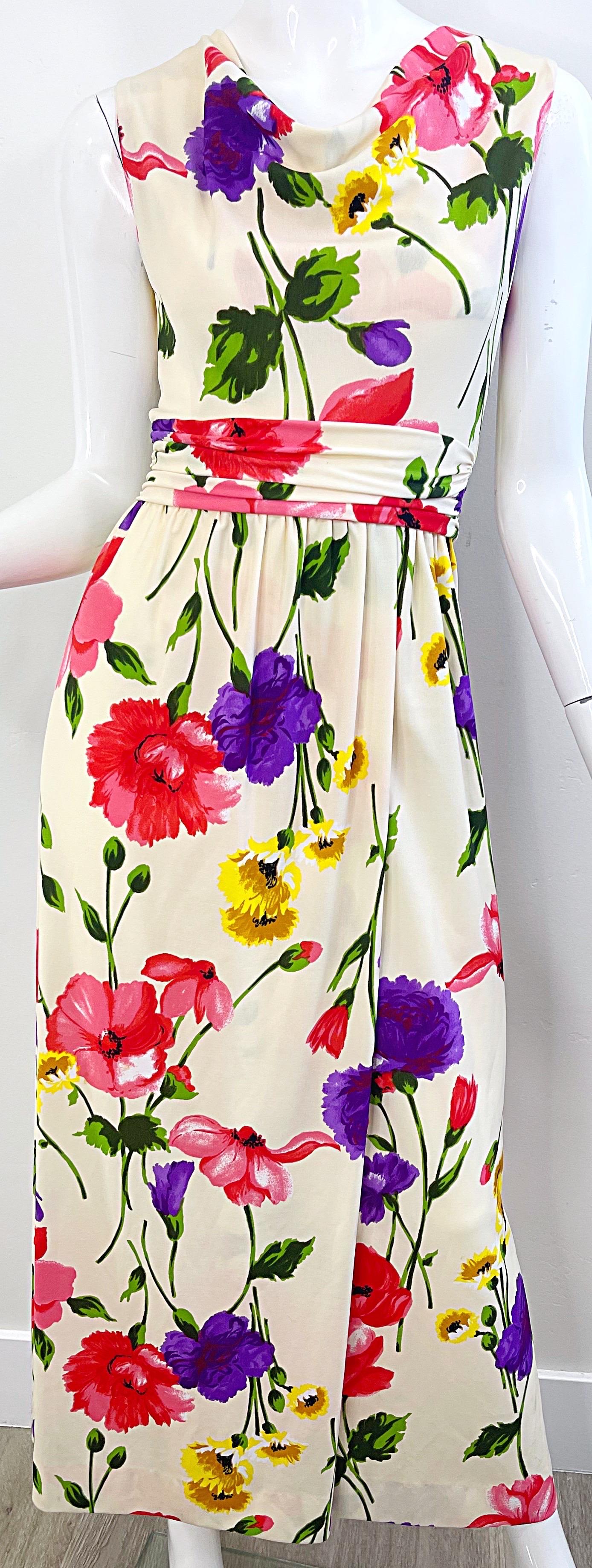 1970s Elinor Gay Flower Printed Cowl Neck Jersey Vintage 70s Maxi Dress Gown For Sale 3