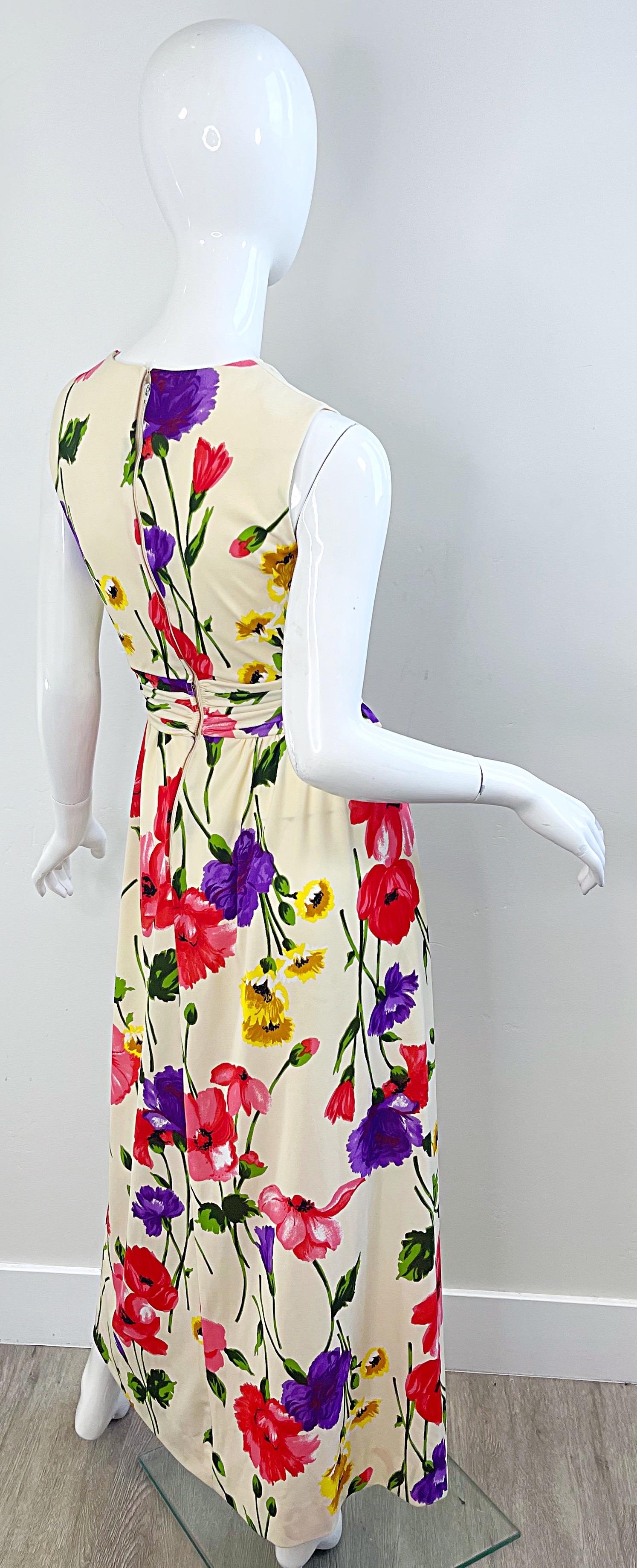 1970s Elinor Gay Flower Printed Cowl Neck Jersey Vintage 70s Maxi Dress Gown For Sale 4