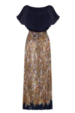 1970s Elissa Pleated Cotton Maxi Skirt and Floral Top Set