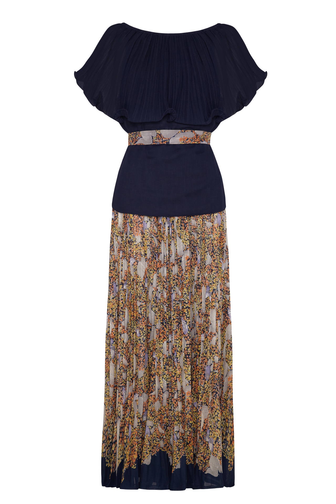 Black 1970s Elissa Pleated Cotton Maxi Skirt and Floral Top Set For Sale