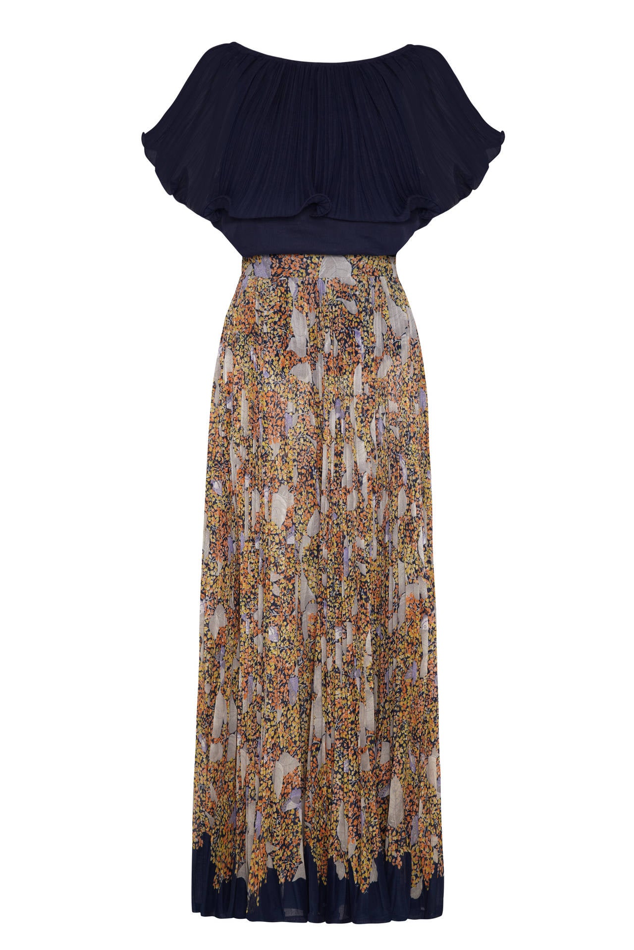 Black 1970s Elissa Pleated Cotton Maxi Skirt and Floral Top Set For Sale