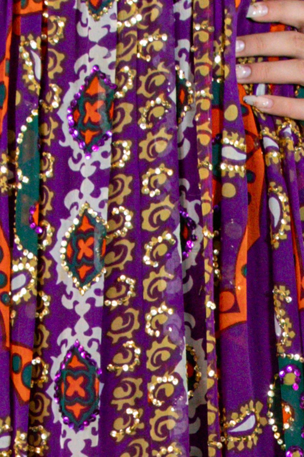 1970S ELIZABETH ARDEN Jewel-Tone & Purple Silk Chiffon Beaded YSL Style Gown Wi For Sale 5
