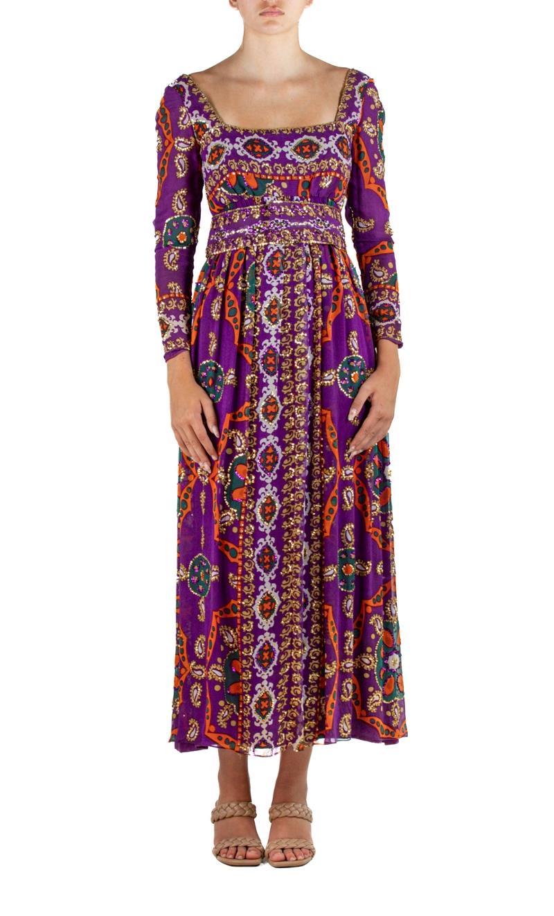 1970S ELIZABETH ARDEN Jewel-Tone & Purple Silk Chiffon Beaded YSL Style Gown With Sleeves Belt