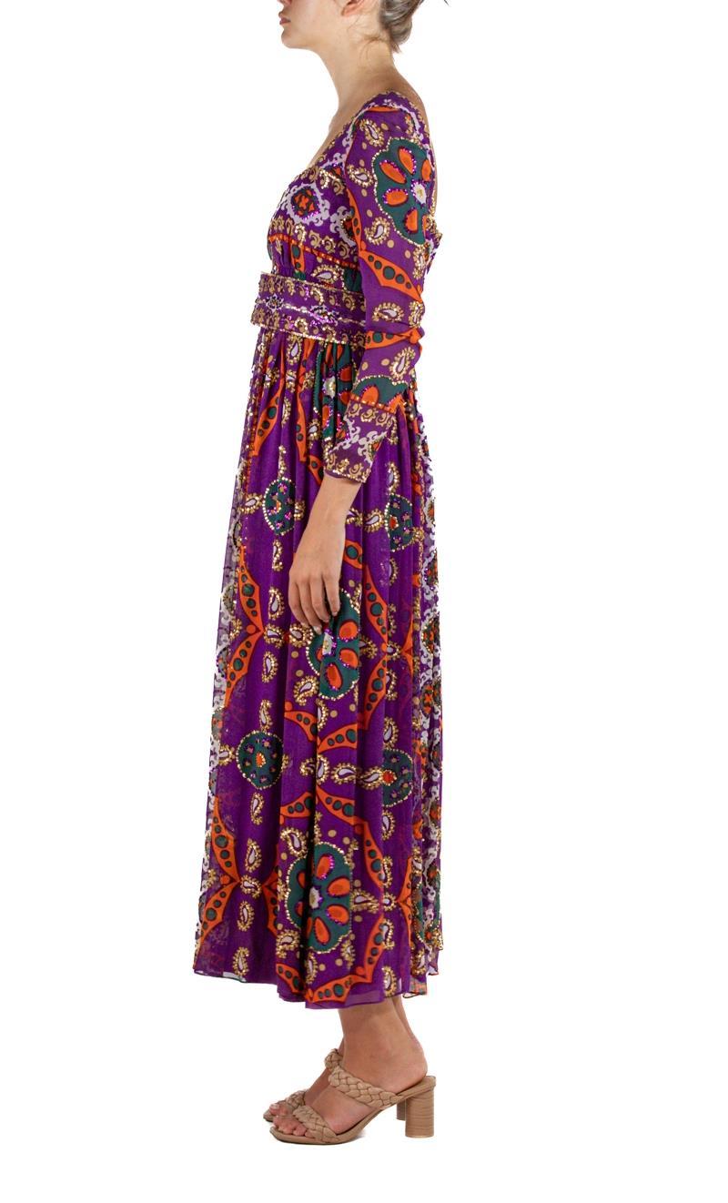 Brown 1970S ELIZABETH ARDEN Jewel-Tone & Purple Silk Chiffon Beaded YSL Style Gown Wi For Sale