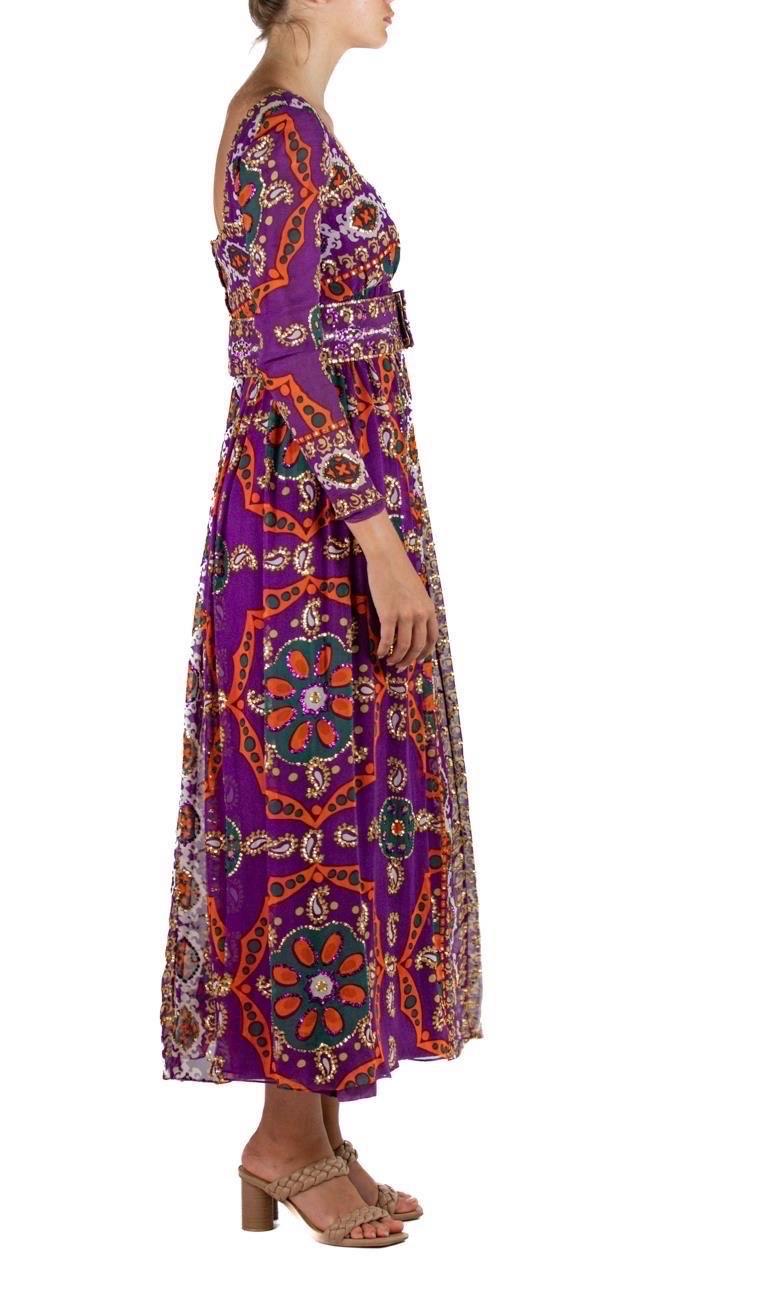 1970S ELIZABETH ARDEN Jewel-Tone & Purple Silk Chiffon Beaded YSL Style Gown Wi In Excellent Condition For Sale In New York, NY