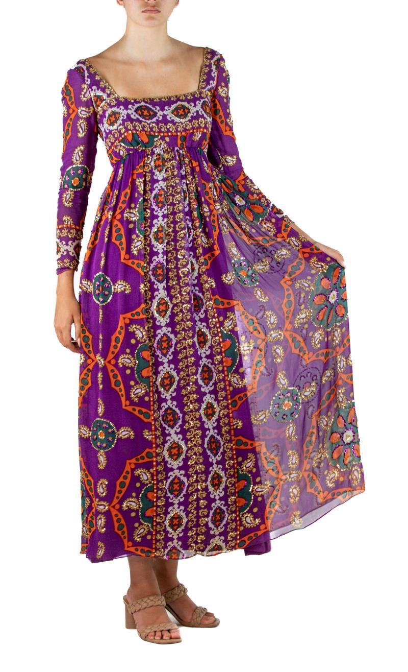 Women's 1970S ELIZABETH ARDEN Jewel-Tone & Purple Silk Chiffon Beaded YSL Style Gown Wi For Sale