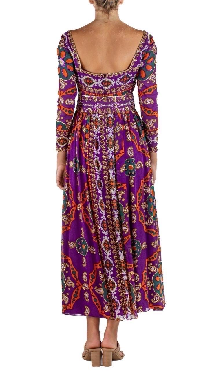 1970S ELIZABETH ARDEN Jewel-Tone & Purple Silk Chiffon Beaded YSL Style Gown Wi For Sale 2
