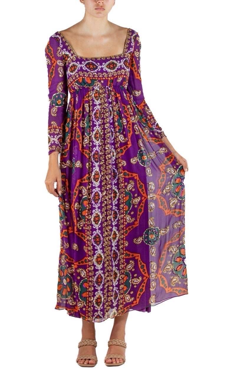 1970S ELIZABETH ARDEN Jewel-Tone & Purple Silk Chiffon Beaded YSL Style Gown Wi For Sale 3
