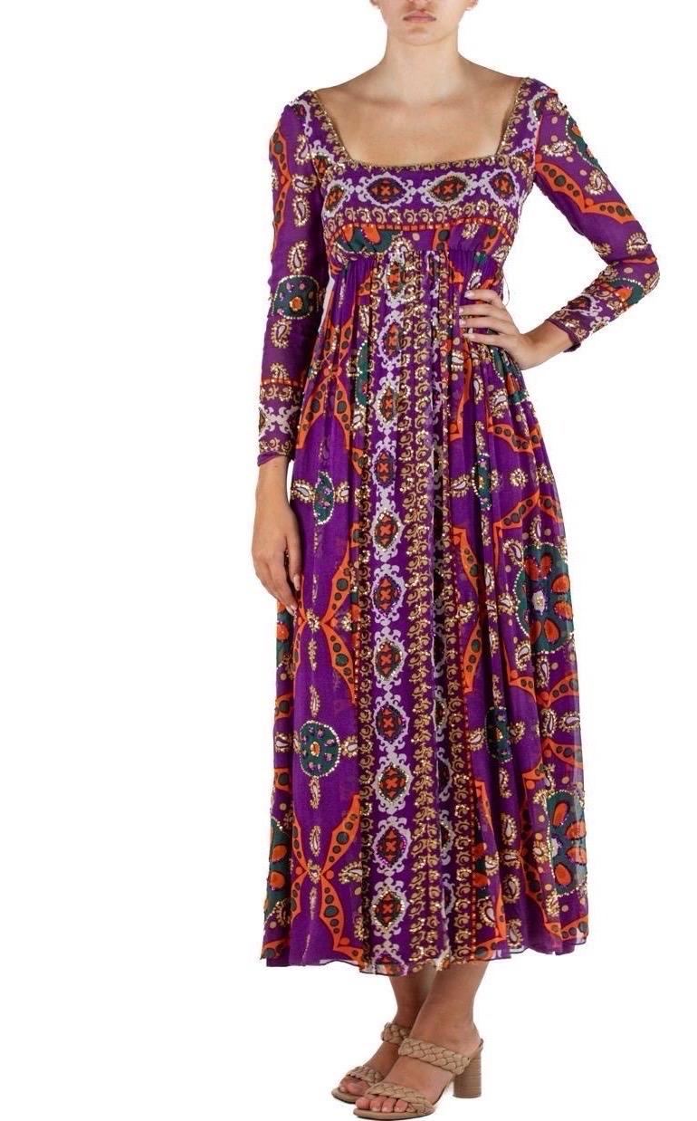 1970S ELIZABETH ARDEN Jewel-Tone & Purple Silk Chiffon Beaded YSL Style Gown Wi For Sale 4