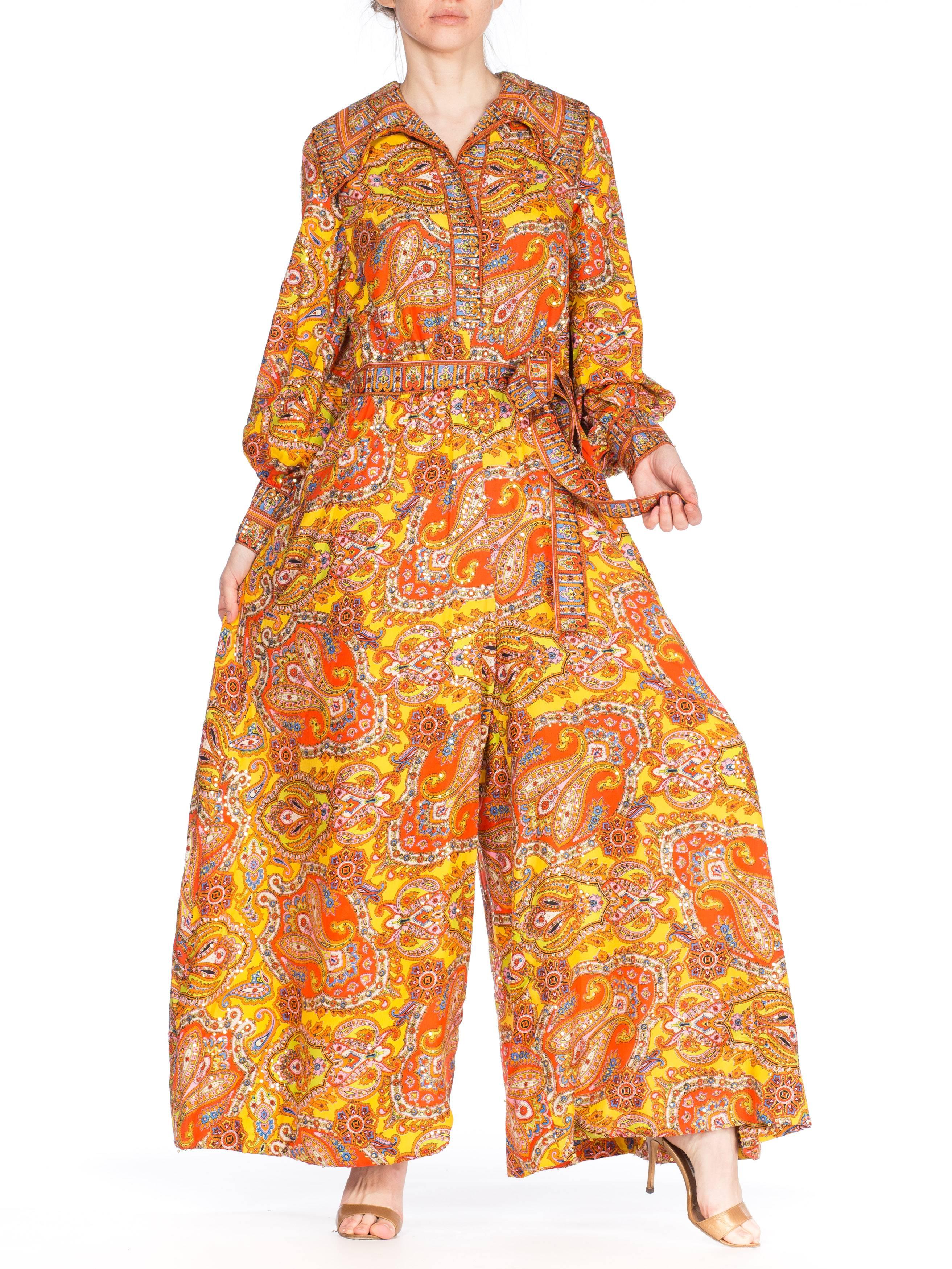 1970s Elizabeth Arden Paisley Sequined Pallazo Pant Jumpsuit 8