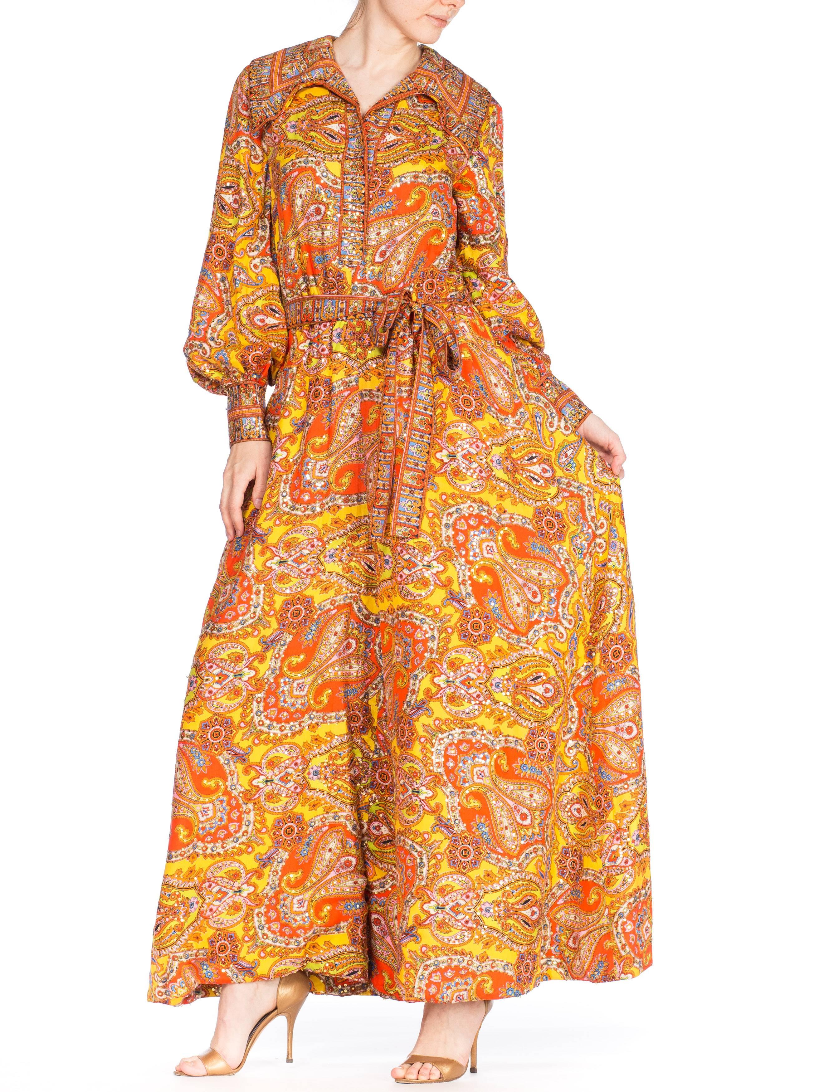 Orange 1970s Elizabeth Arden Paisley Sequined Pallazo Pant Jumpsuit