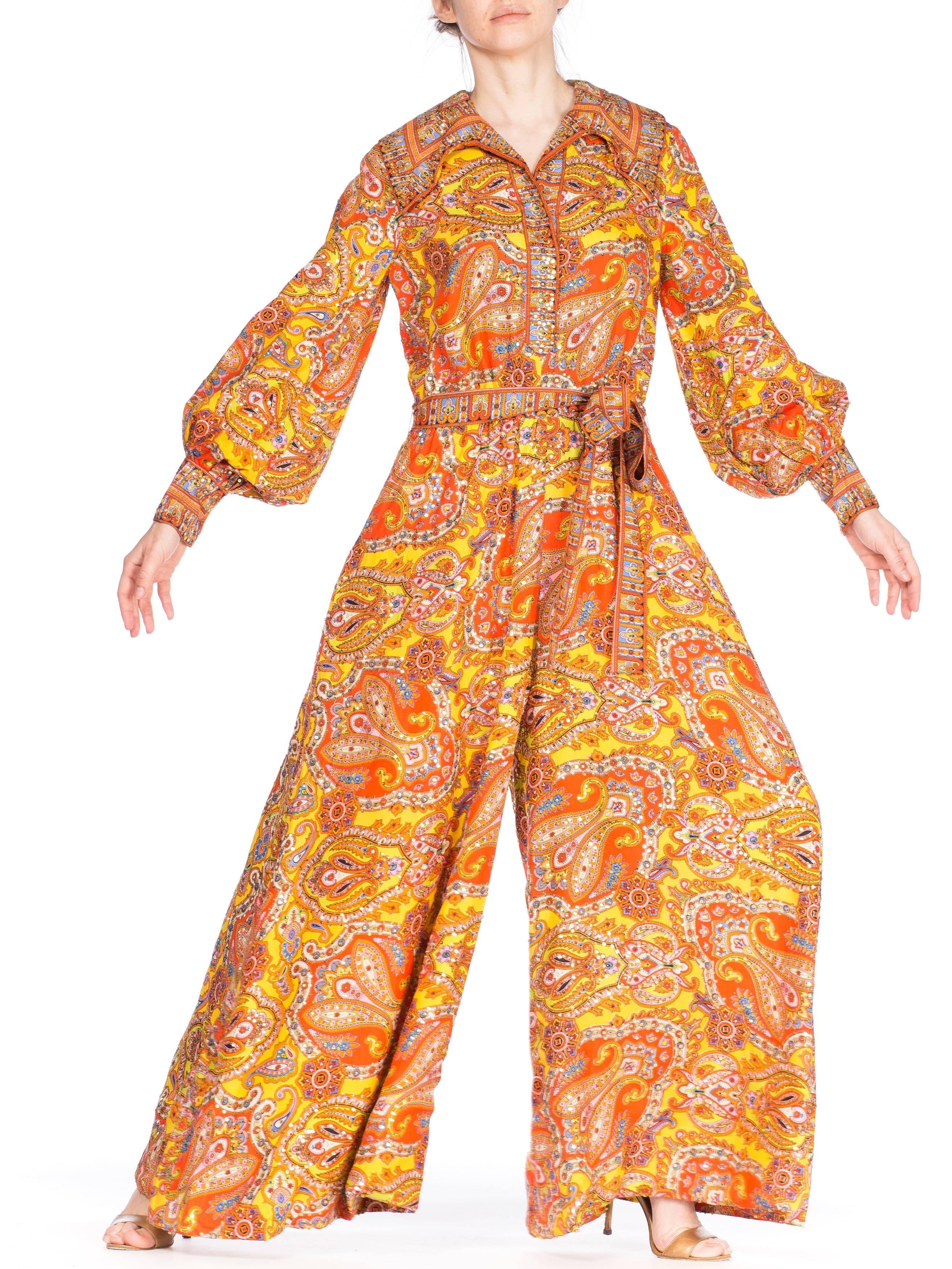 1970s Elizabeth Arden Paisley Sequined Pallazo Pant Jumpsuit In Excellent Condition In New York, NY